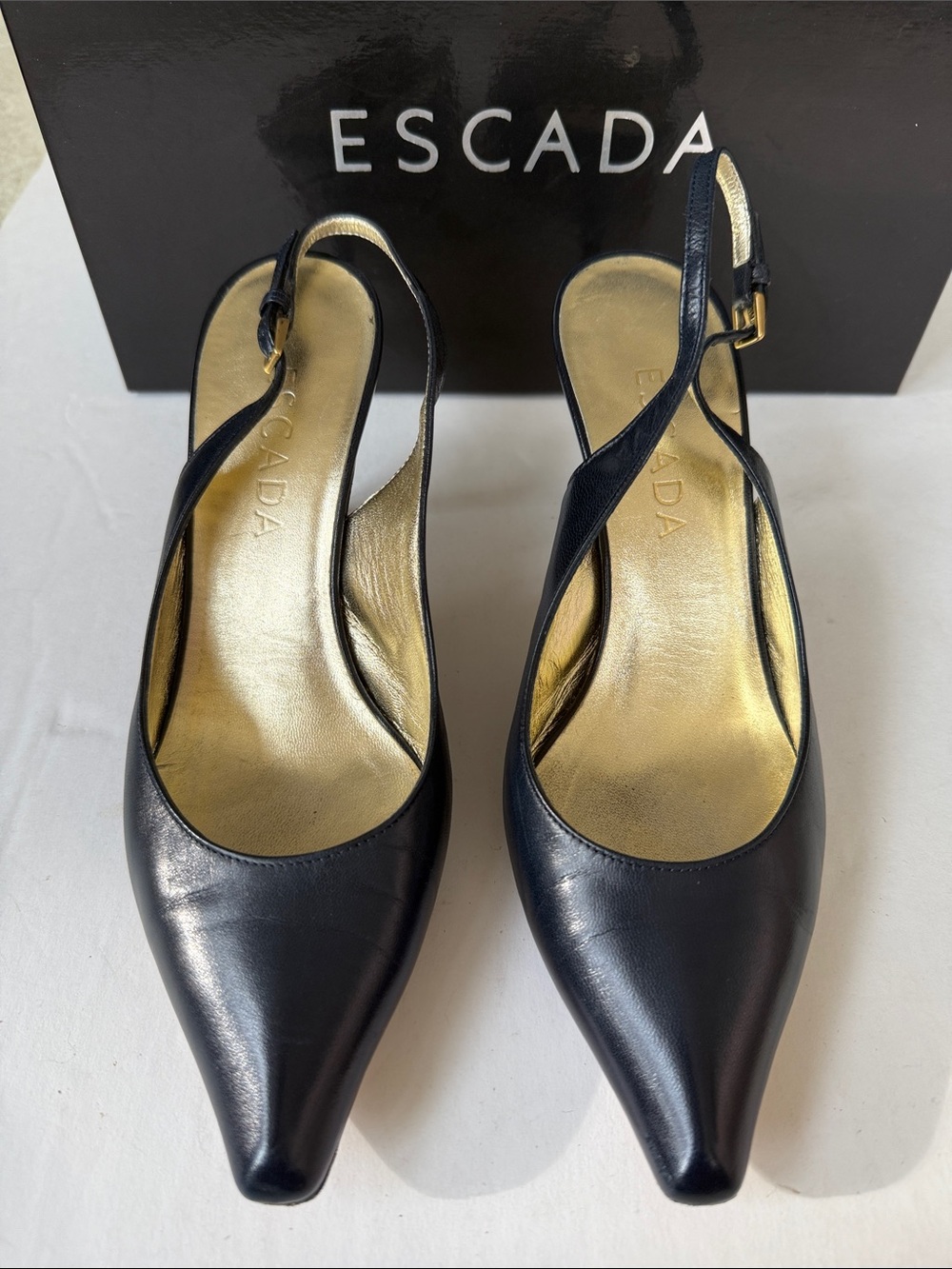Escada Black Leather Slingback Pumps with Gold Insole